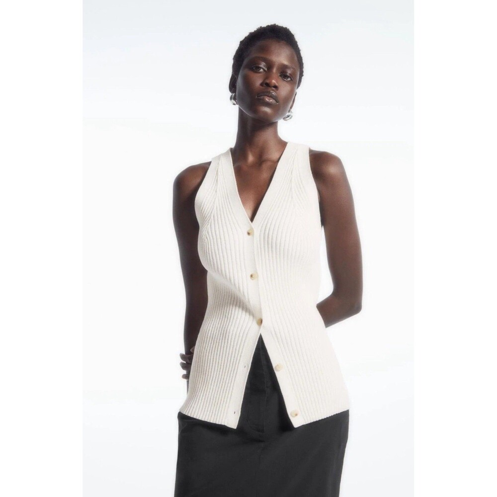 COS Womens Ribbed Sleeveless V Neck Button Down Vest White Size XS